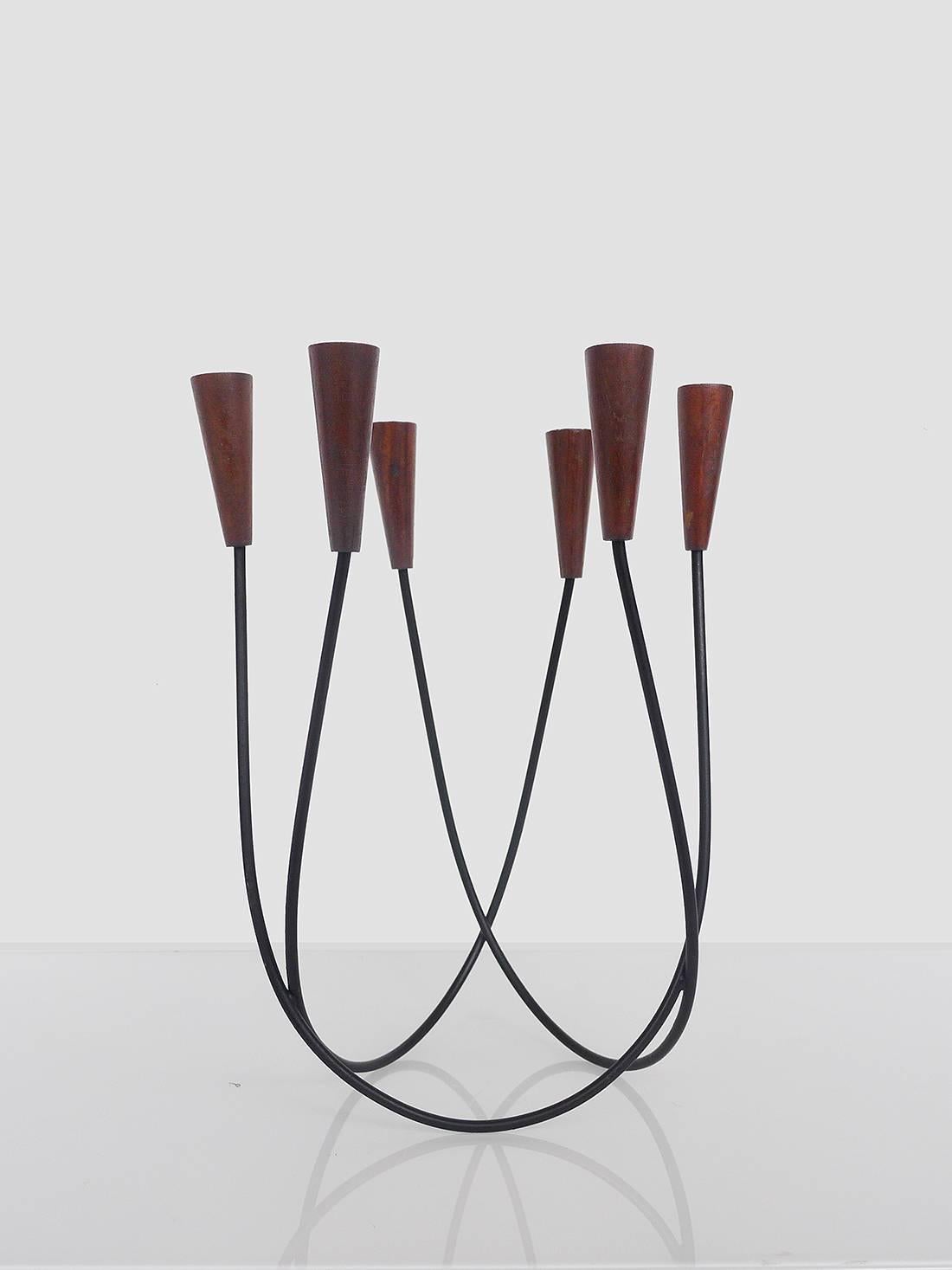 Sculptural Danish String Design Teak Candleholder Candlestick For Sale 1