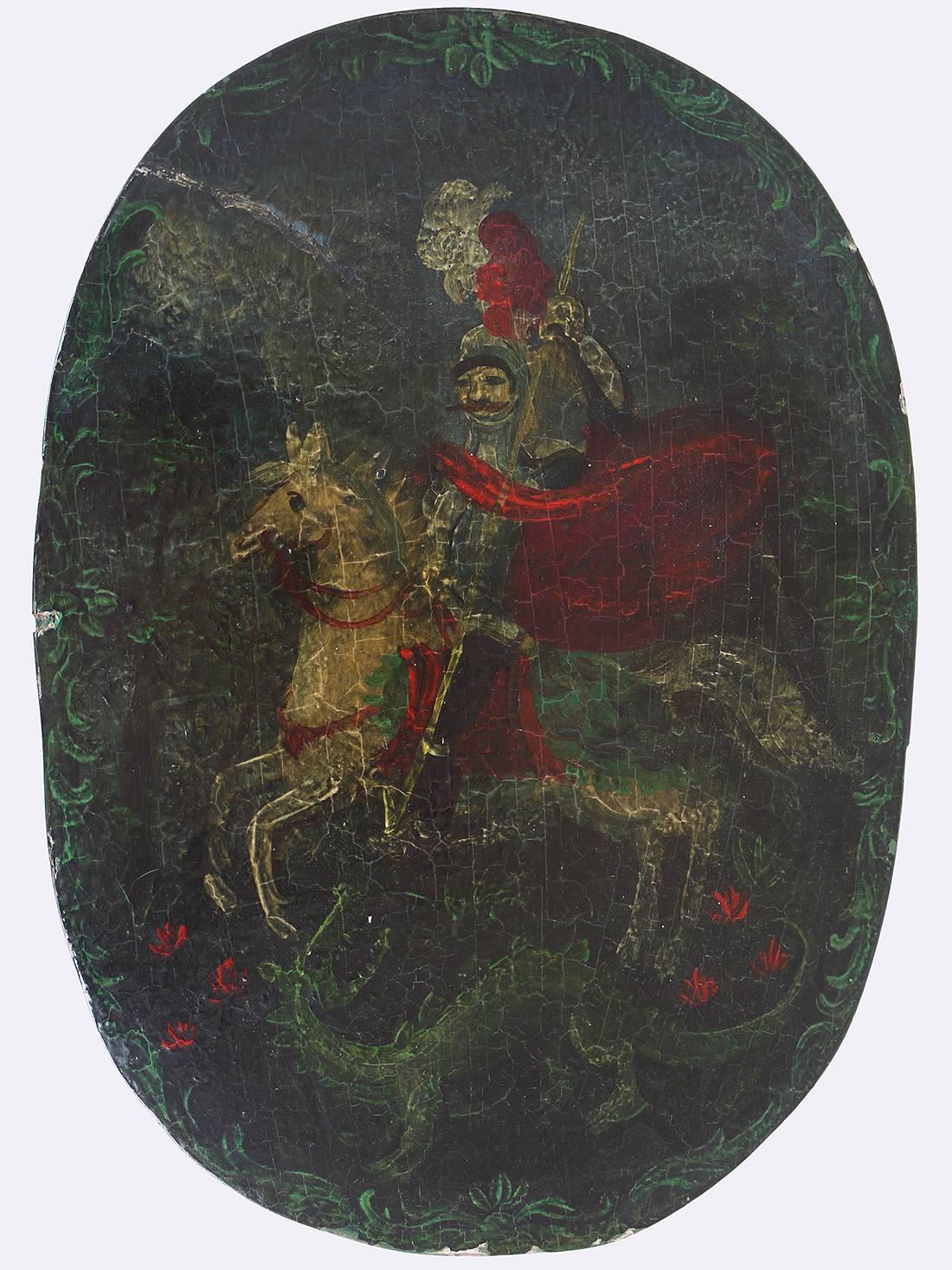 Antikes europäisches, bemaltes hölzernes Brautkästchen, das die berühmteste Legende vom Heiligen Georg, der einen Drachen tötet, zeigt.