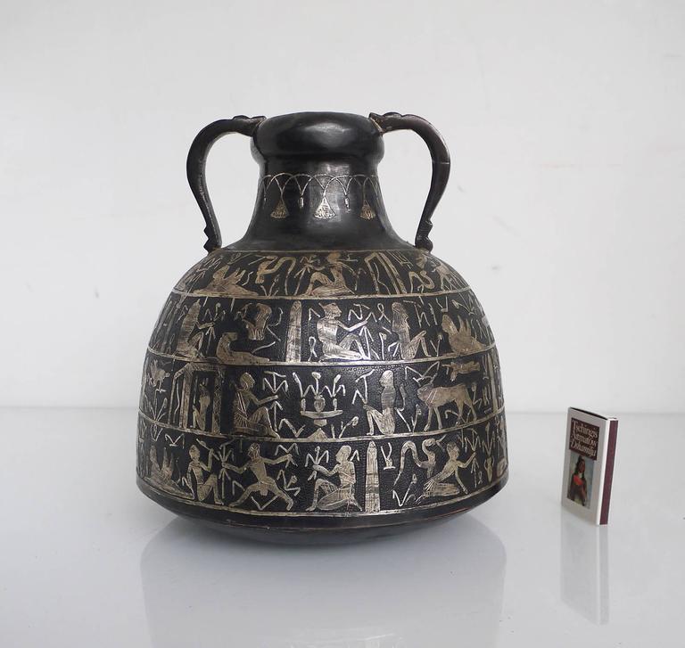 Egyptian Patinated Copper Vase with Silver Inlay at 1stDibs