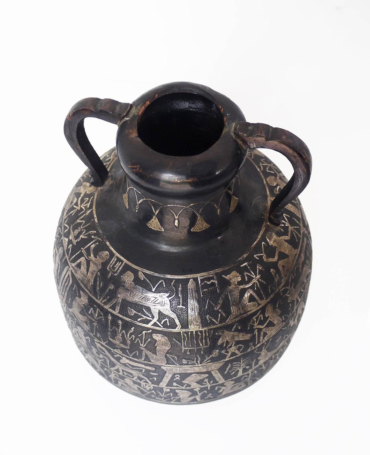 Egyptian Patinated Copper Vase with Silver Inlay For Sale at 1stdibs