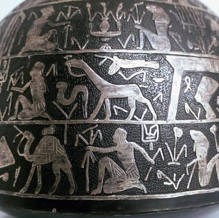 Egyptian Patinated Copper Vase with Silver Inlay at 1stDibs