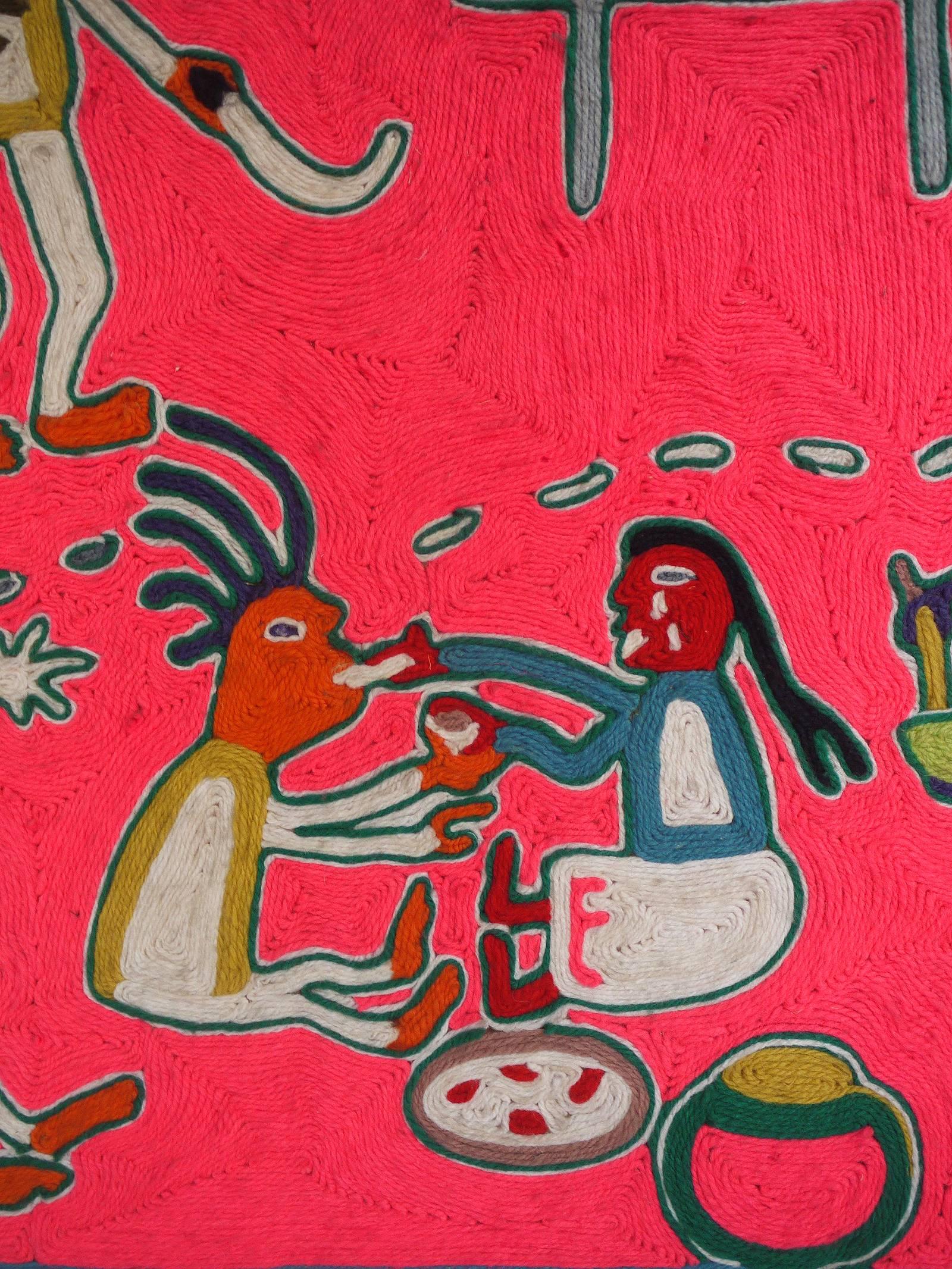 Vintage Mexican Nierika Yarn painting from the Huichol Indians.

Wedding,
Mexico, 1998.
The author is Emeteria Rios Martinez.
Bride and groom while preparing the meal. On the left the groom with machete and firewood. Down in the picture they