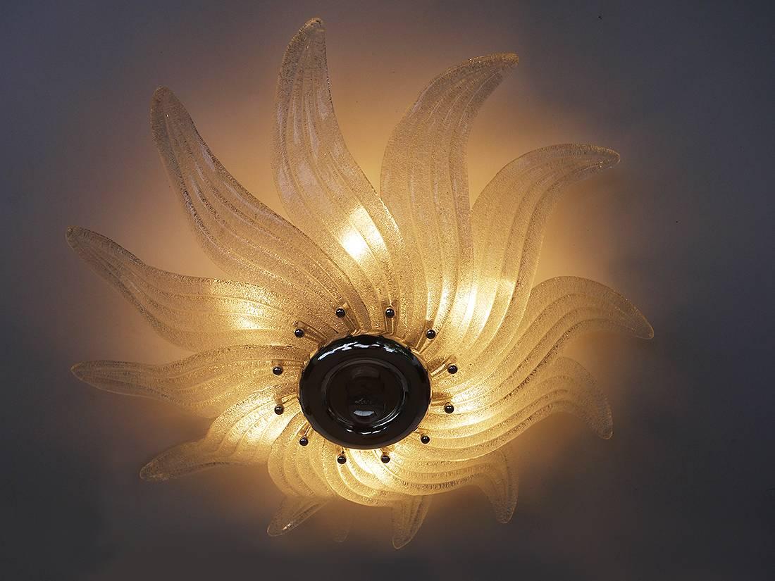 Hand-Crafted Venetian Murano Glass Leaf Flush Mount Chandelier, Italy