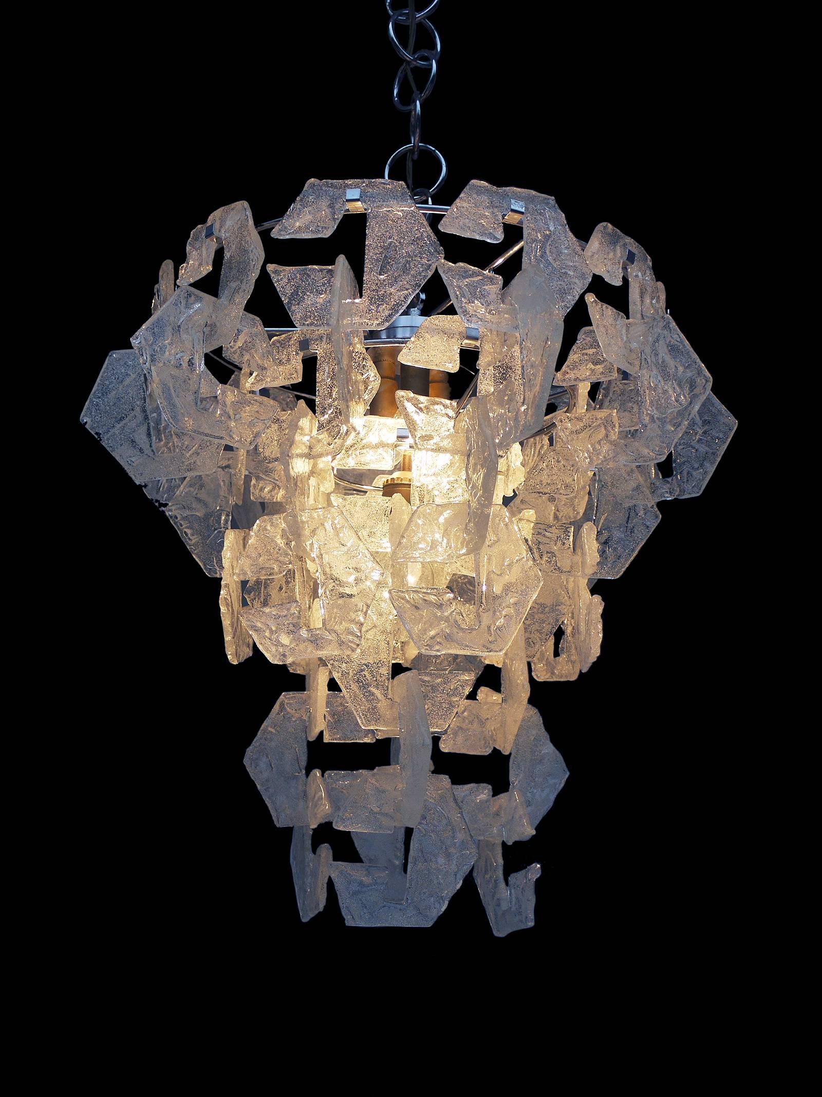 Hand-Crafted 1960 Italy Mazzega Interlocking Chandelier Frosted Murano Glass & Chrome