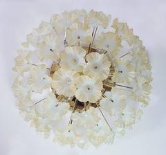 1960 Italy Sputnik Flush Mount Chandelier Turquoise Murano Glass Flowers & Brass