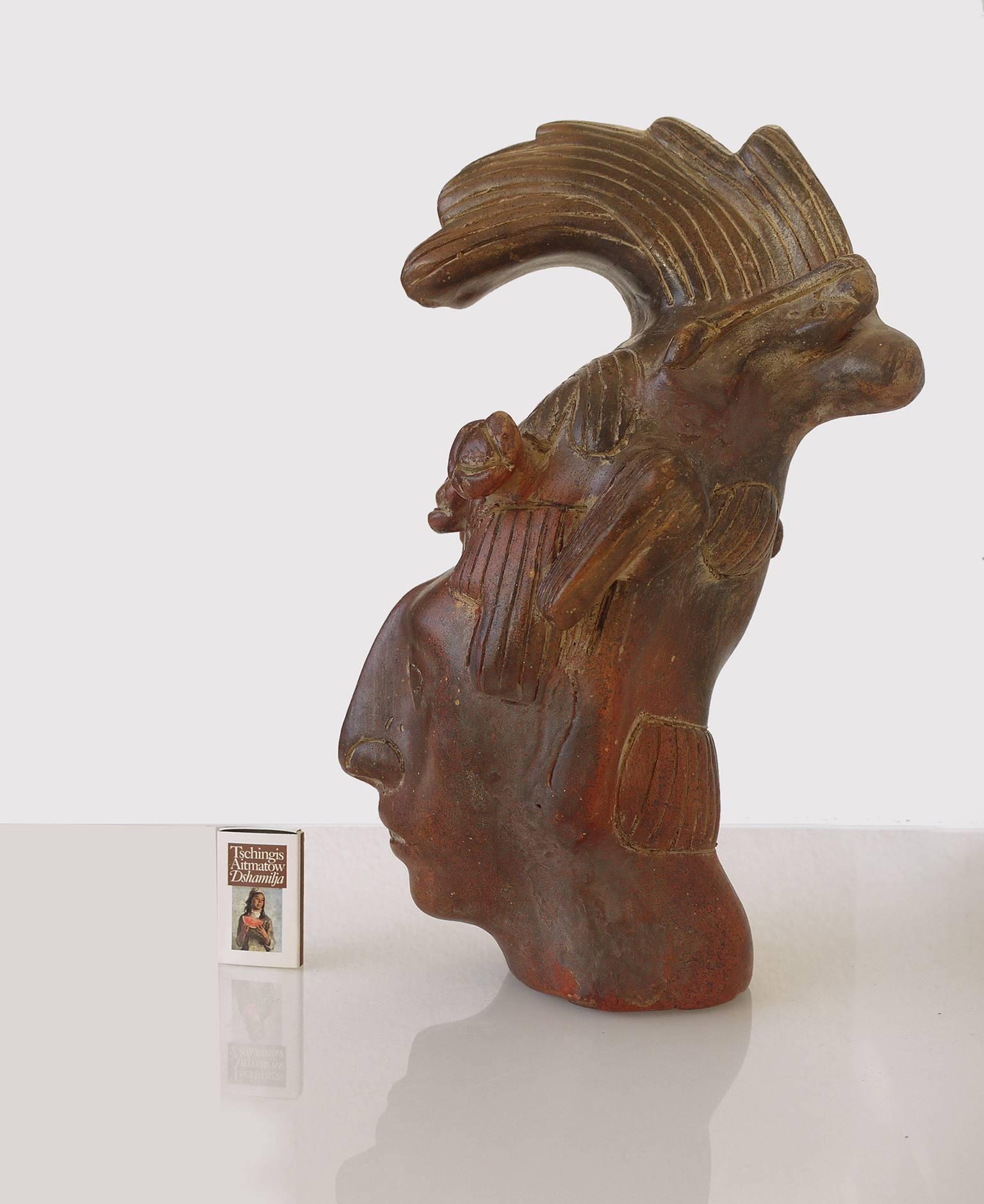 Folk Art Aztec Mayan Style Terra Cotta Sculpted Head of King Pacal of Palenque