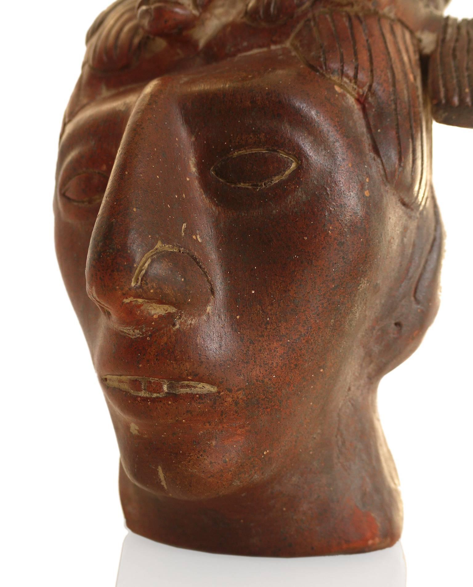 Superb vintage Aztec Mayan style terra cotta hand-sculpted head of King Pacal of Palenque.
The sculpture is created in traditional pre Columbian style pottery techniques, hand molded, sculpted, fired and glazed.
 