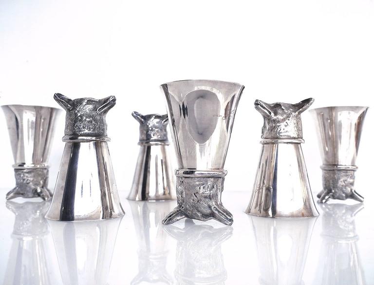Set of Six Silver Plated Fox Head Stirrup Cups by Leonard