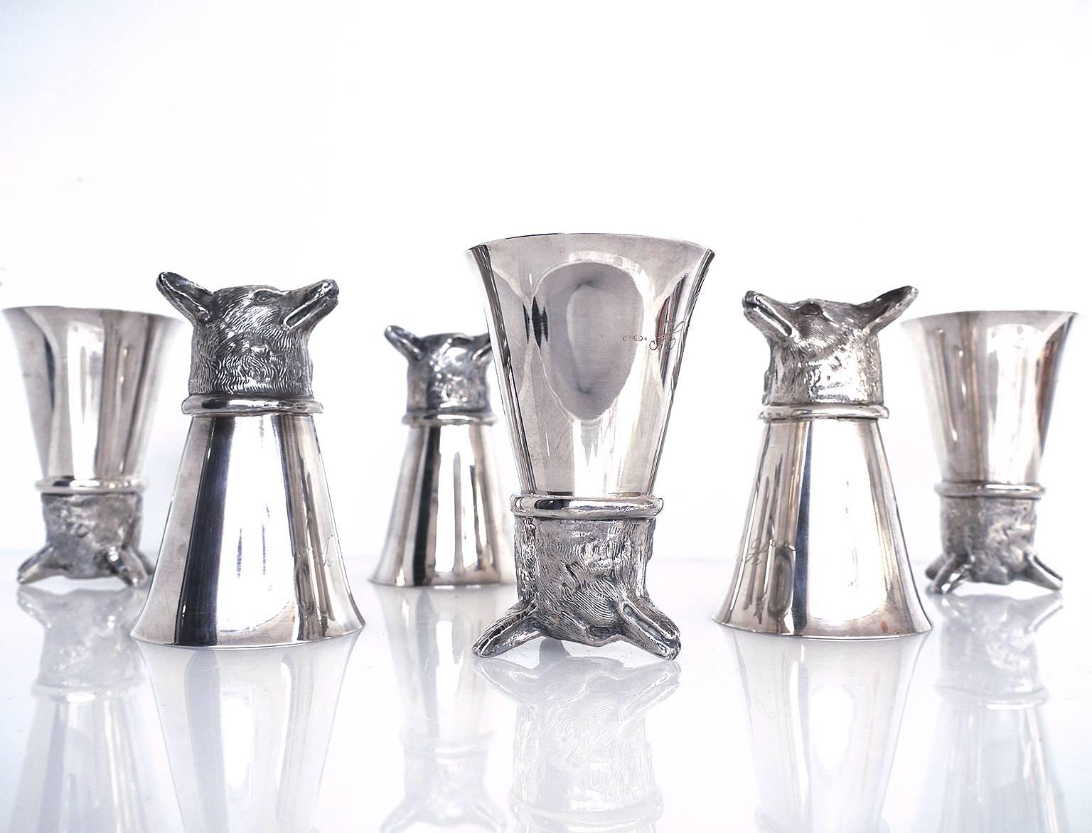 Mid-Century Modern Set of Six Silver Plated Fox Head Stirrup Cups by Leonard