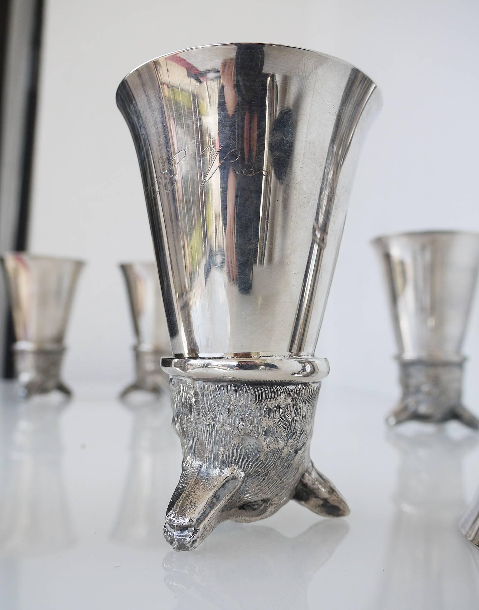 Late 20th Century Set of Six Silver Plated Fox Head Stirrup Cups by Leonard