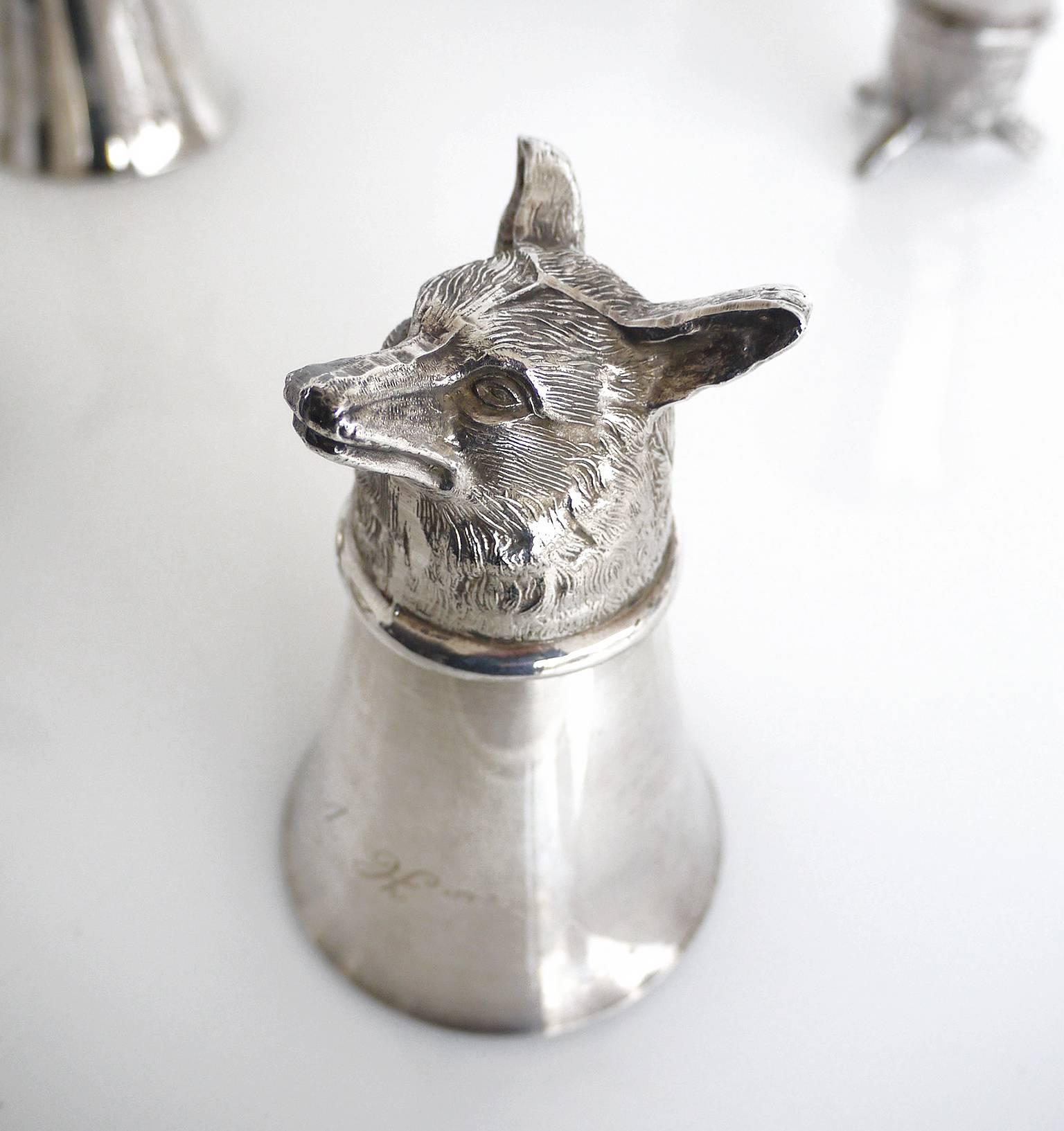 European Set of Six Silver Plated Fox Head Stirrup Cups by Leonard