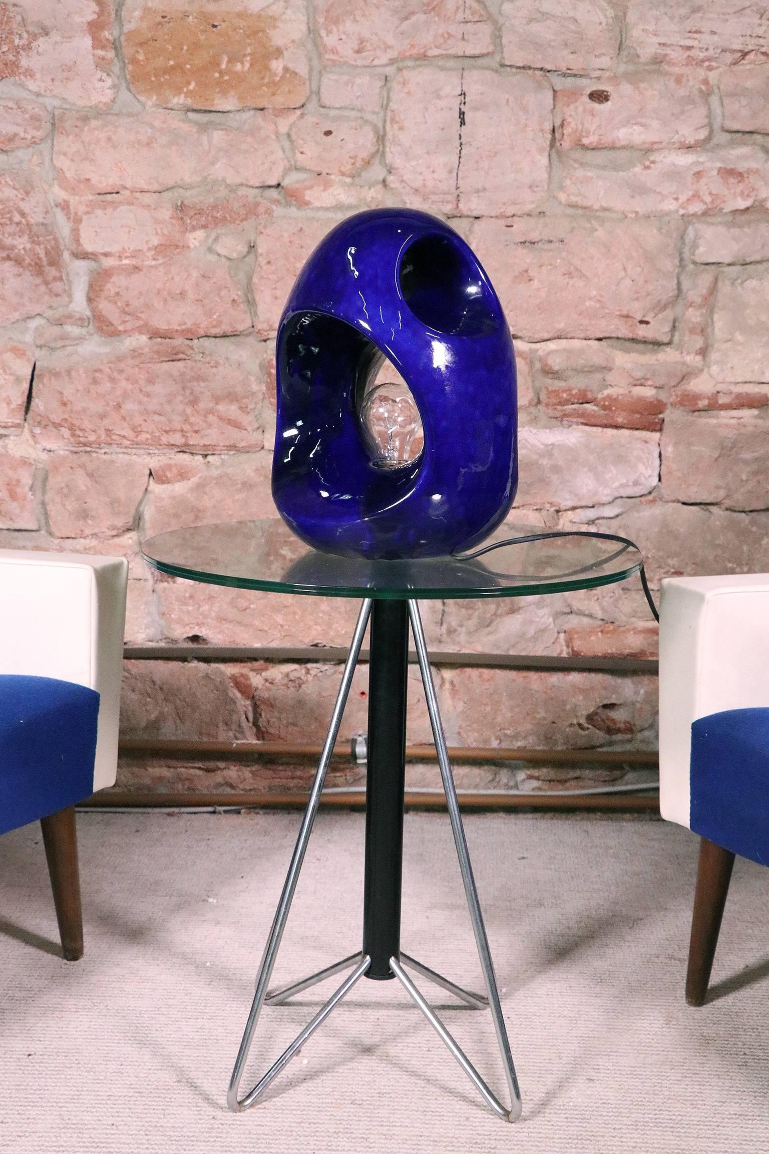 Organic Blue Ceramic Table Lamp, Italy, 1960s In Good Condition In Niederdorfelden, Hessen