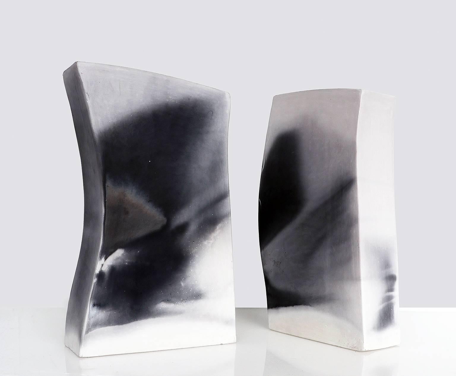 Modern Pair of Architectural Smoke Fired Ceramic Vases For Sale