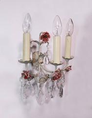 Pair of Italian Wall Sconces Painted Tole & Crystal, Italy, 1940s