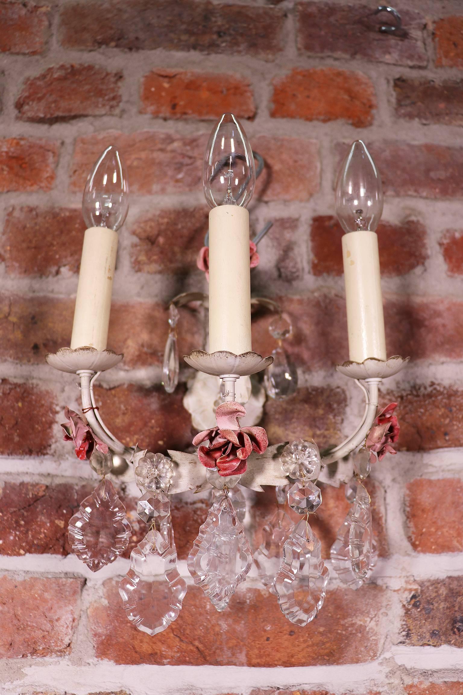 Pair of Italian Wall Sconces Painted Tole & Crystal, Italy, 1940s For Sale 1