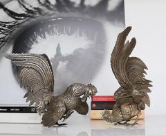 Large Pair of French White Metal Fighting Cocks or Roosters