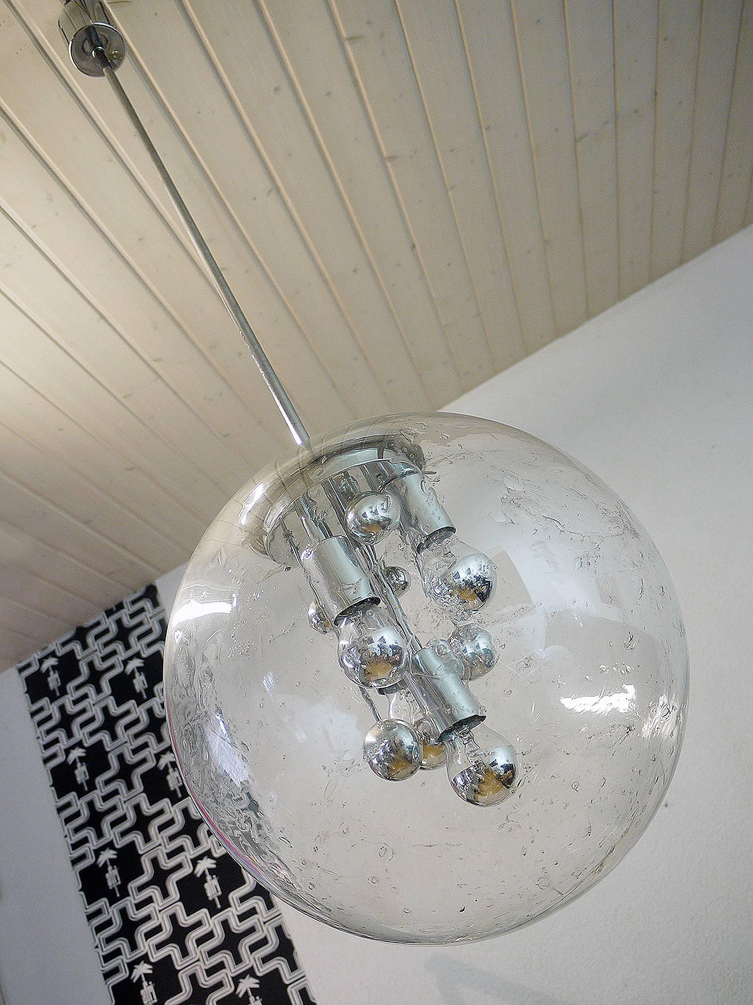 Amazing huge Sputnik chrome and handblown bubble glass ceiling lamp with four E27 sockets.
         