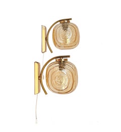 Pair of Glass & Brass Wall Sconces amber by Glashütte Limburg, Germany 1960s