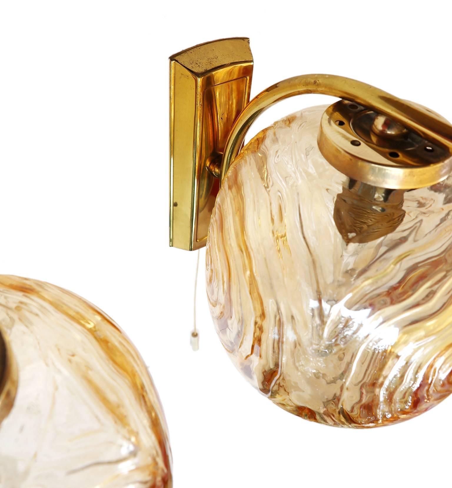 Mid-20th Century Pair of Glass & Brass Wall Sconces amber by Glashütte Limburg, Germany 1960s