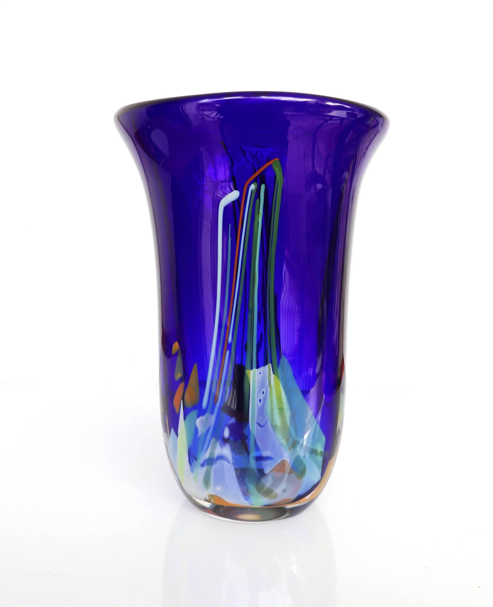 Large and heavy cobalt blue hand blown layered glass shard vase. 