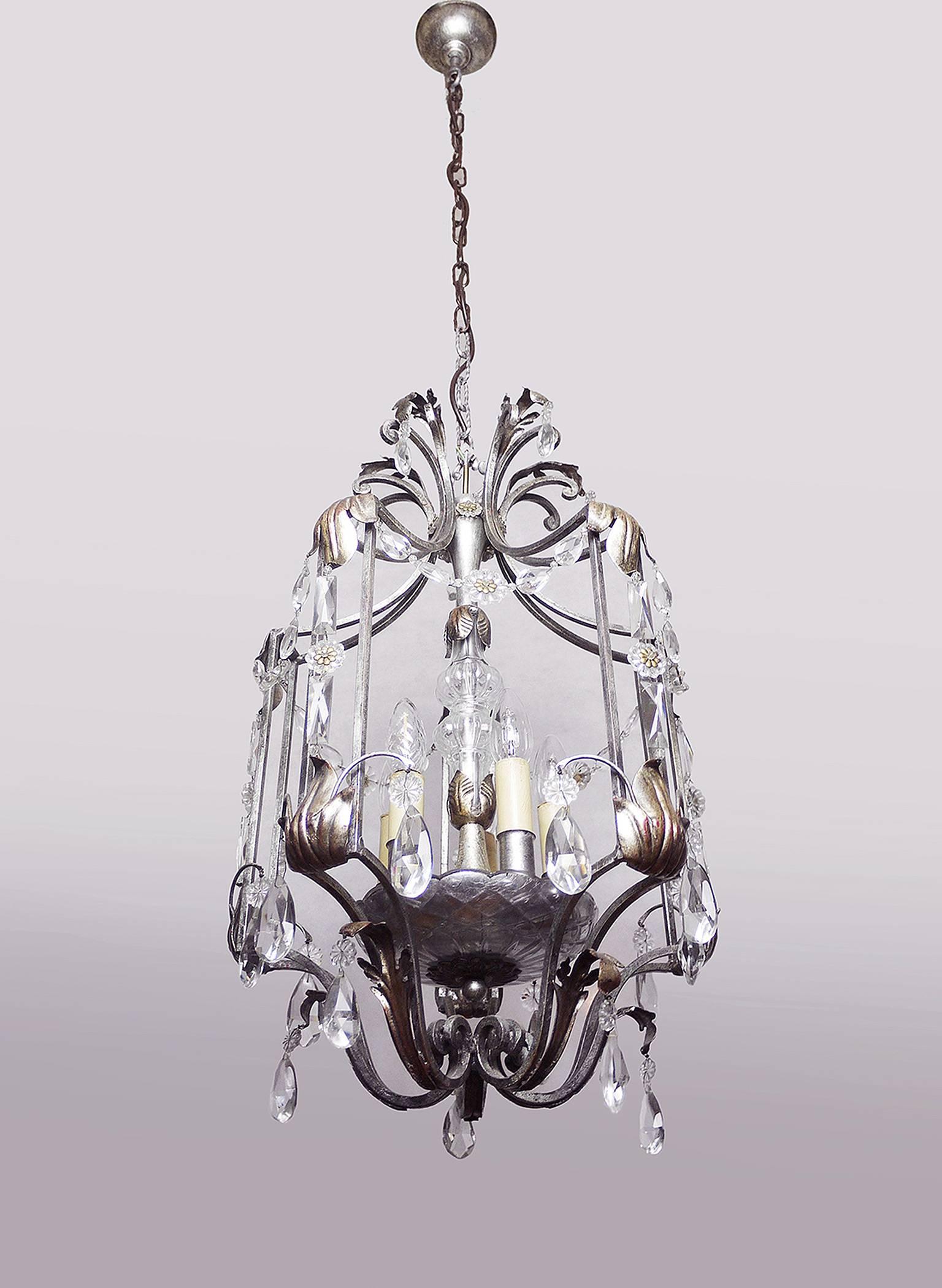 Italian Florentine Chandelier Crystal and Wrought Iron Lantern by BF Art, Italy For Sale