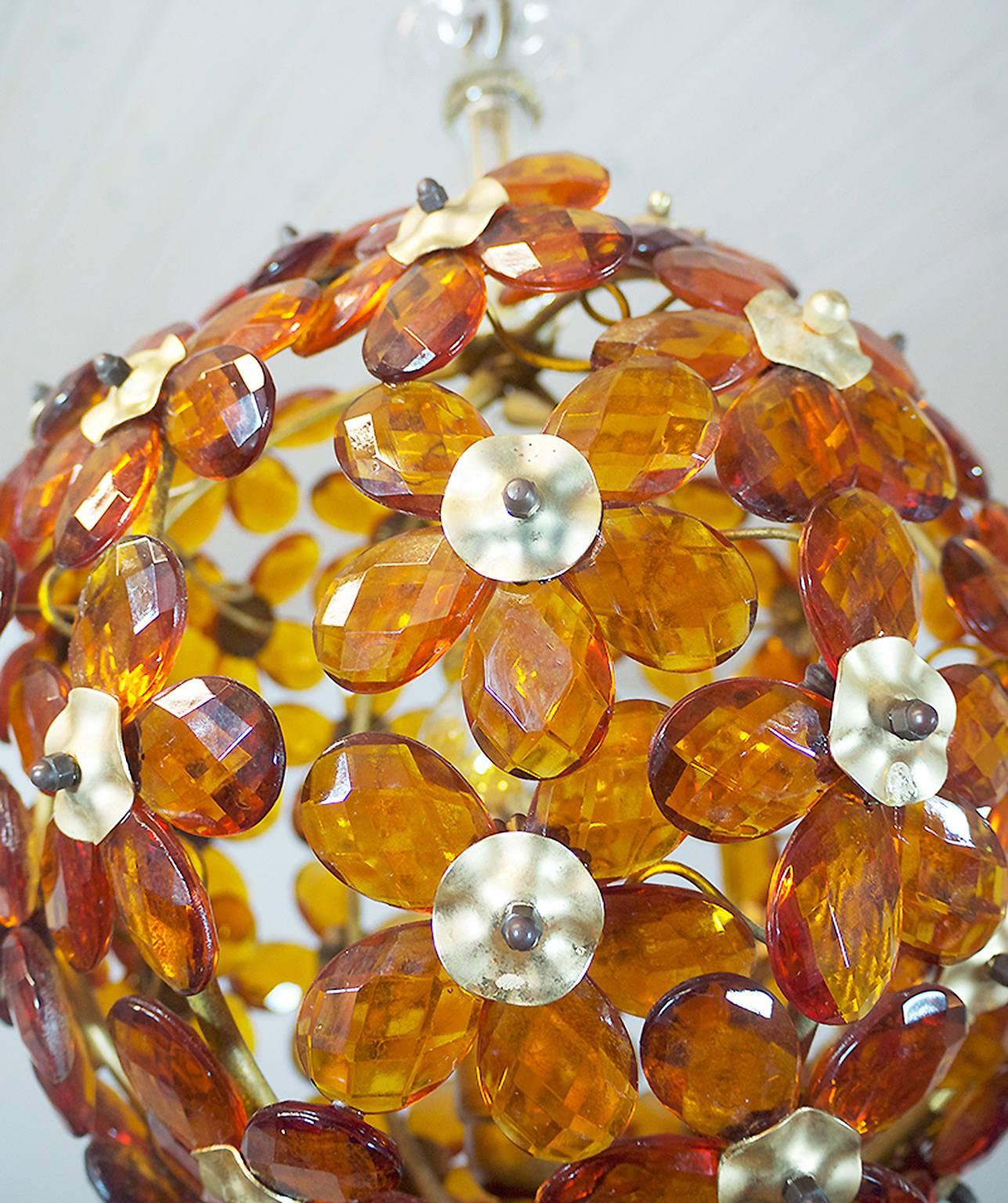 Mid-Century Modern 1950 France Maison Bagues Amber Chandelier Crystal Flowers & Brass For Sale