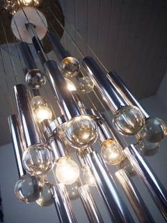1970 Italy Gaetano Sciolari Sputnik Cascade Chandelier Crystal Balls & Chrome