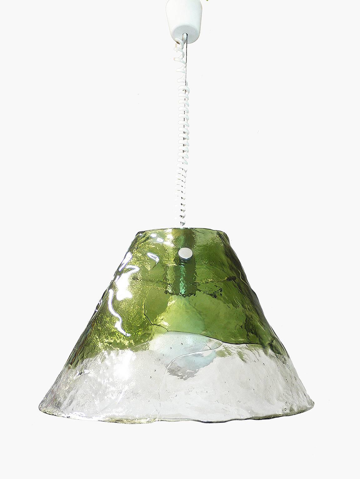 Handblown Murano glass chandelier by J.T. Kalmar, Austria from the 1960s with two large clear and green glass petals.
The lamp takes one large Edison bulb.
 