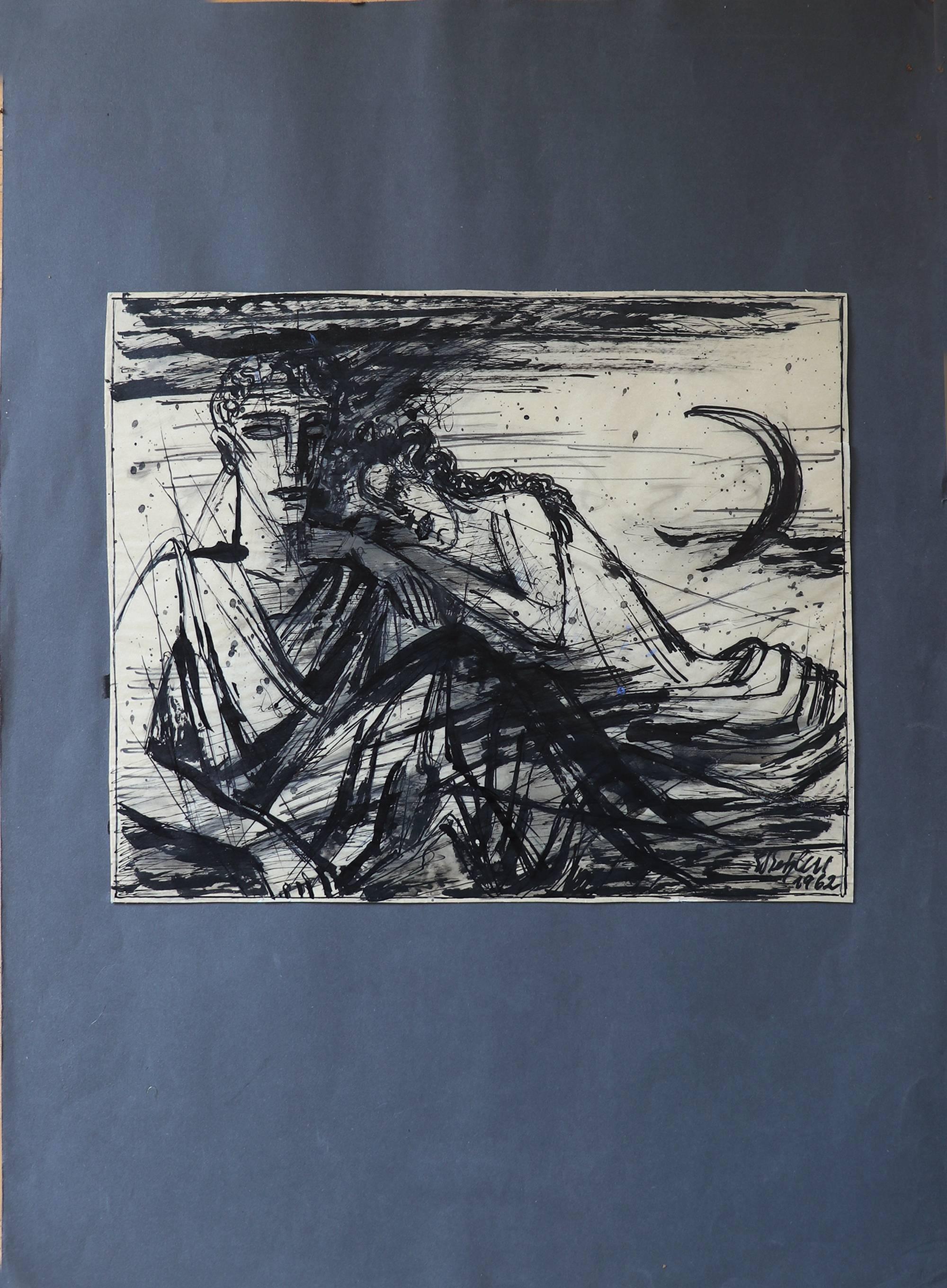 Emil Betzler 
German Expressionist painting 'Legend', 1962 ('Sage')
Pen and brush ink drawing on velin paper. 
Signed and dated by the artist.
Shown in 'Emil Betzler' - monograph of his art work released in 1968 by Prof. Dr. Hans Meyers, Metopen