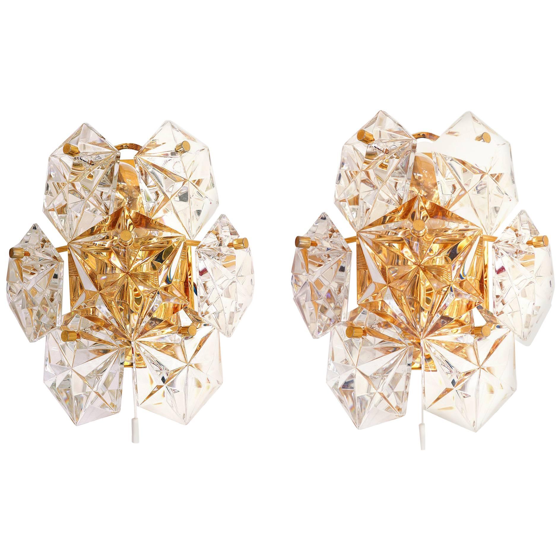 1970 Germany Kinkeldey Wall Sconce Faceted Crystals & Gold-Plated, Set of 2