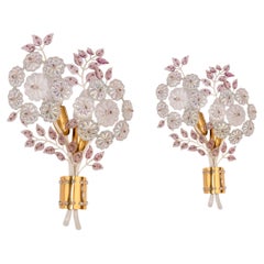 Pair of Palwa Flower Leaf Wall Sconces Gilt Faceted Crystal Glass Bagues