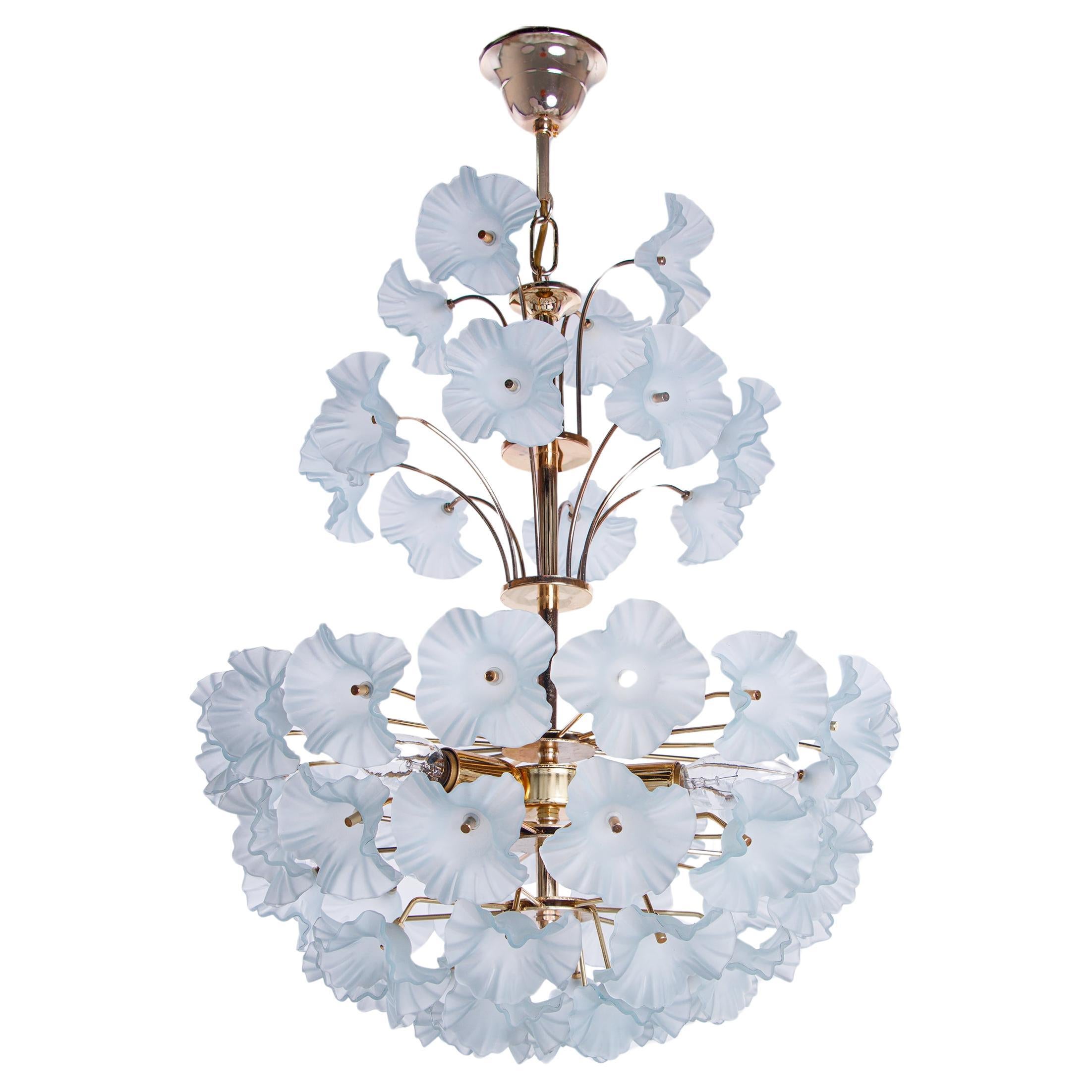 1970 Modernist Hibiscus Bouquet Chandelier Turquoise Glass Flowers & Brass For Sale