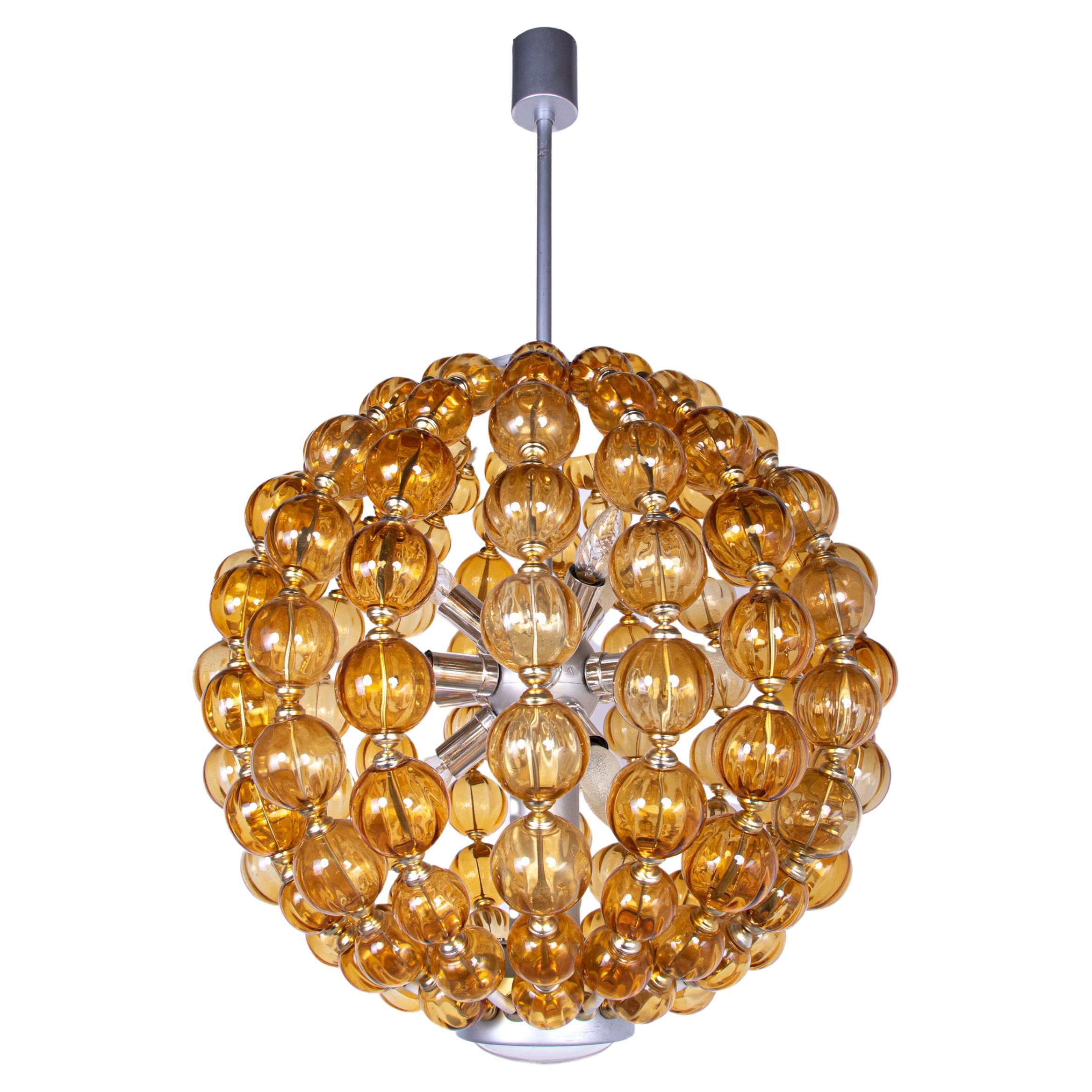 Spectacular 25" Ballroom Chandelier Handcrafted Amber Glass Balls, Germany 1960s For Sale