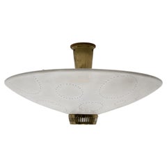Perforated Cream Flush Mount Chandelier Glass & Brass by Belmag, Swiss 1950s
