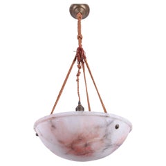 Carved Pink Alabaster French Art Deco Ceiling Light Chandelier 1920