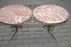 1920s French Wrought Iron and Marble Oval Top Coffee Table