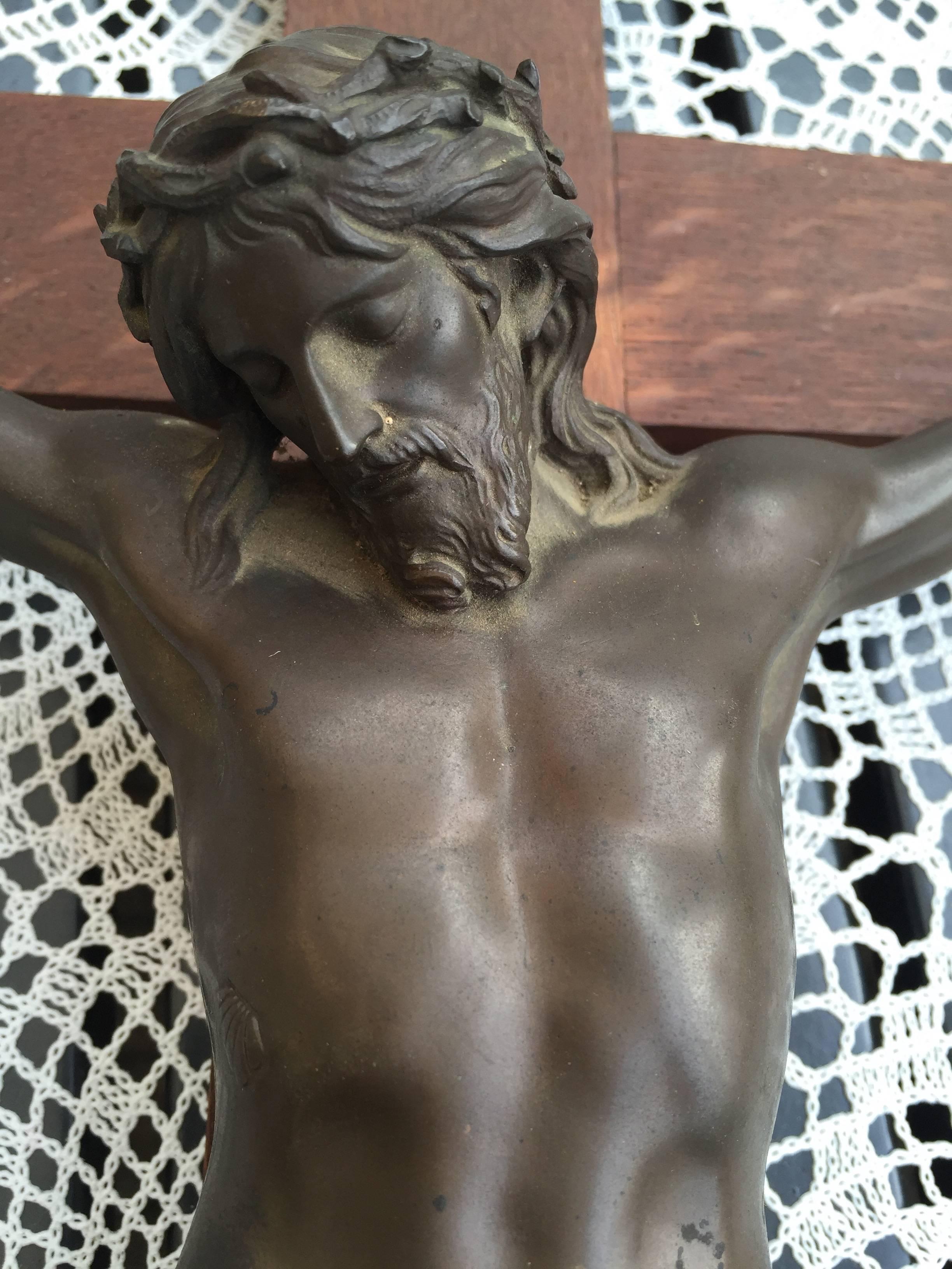 Rare and important bronze crucifix by the French ‘fondeur’ F. Barbedienne.
 
Ferdinand Barbedienne (1810-1892) does not need any further introduction, but that he also made this type of top quality religious art is not known to many people.  This