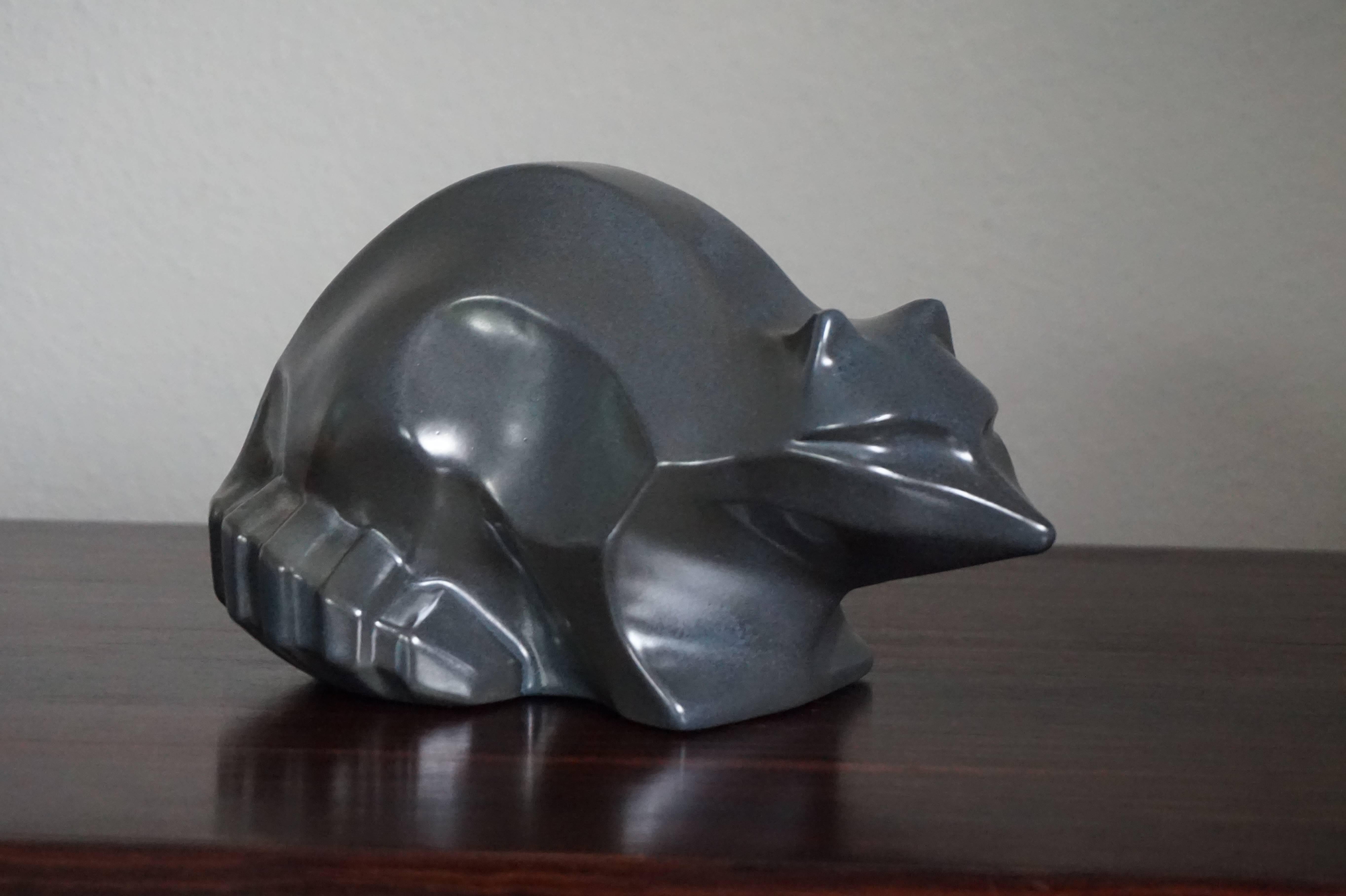 Rare Art Deco Style Mid-Century Stylized Racoon Sculpture Anthracite For Sale 3