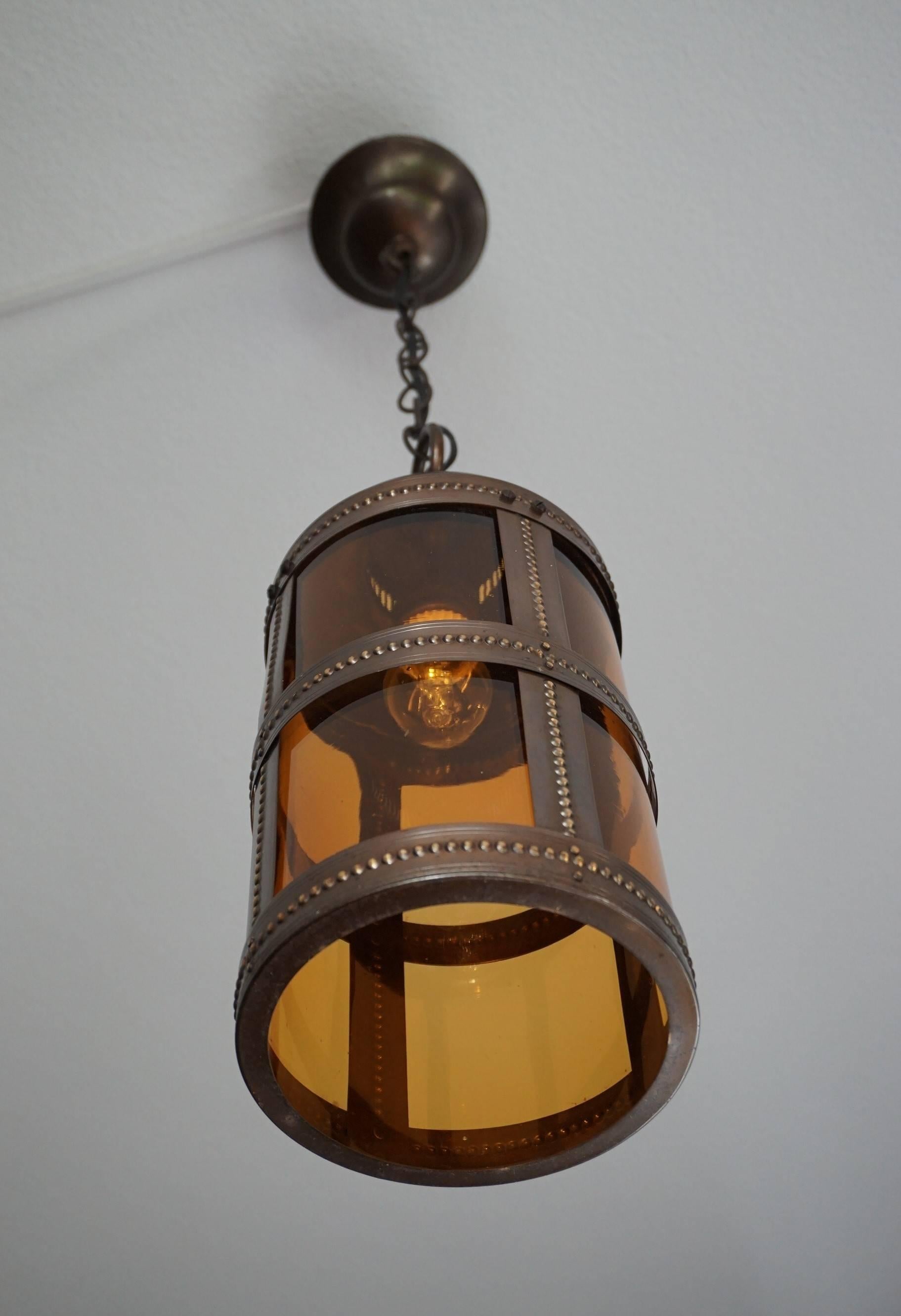 Dutch Arts and Crafts Brass & Amber Glass Pendant Light Jan Eisenloeffel Style Lantern For Sale
