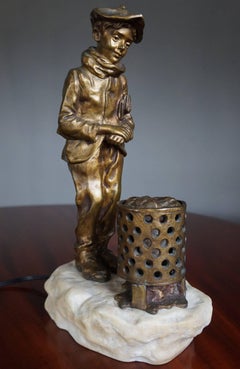 Antique and Signed Gilt Bronze Boy with Newspaper by the Fire Table or Desk Lamp