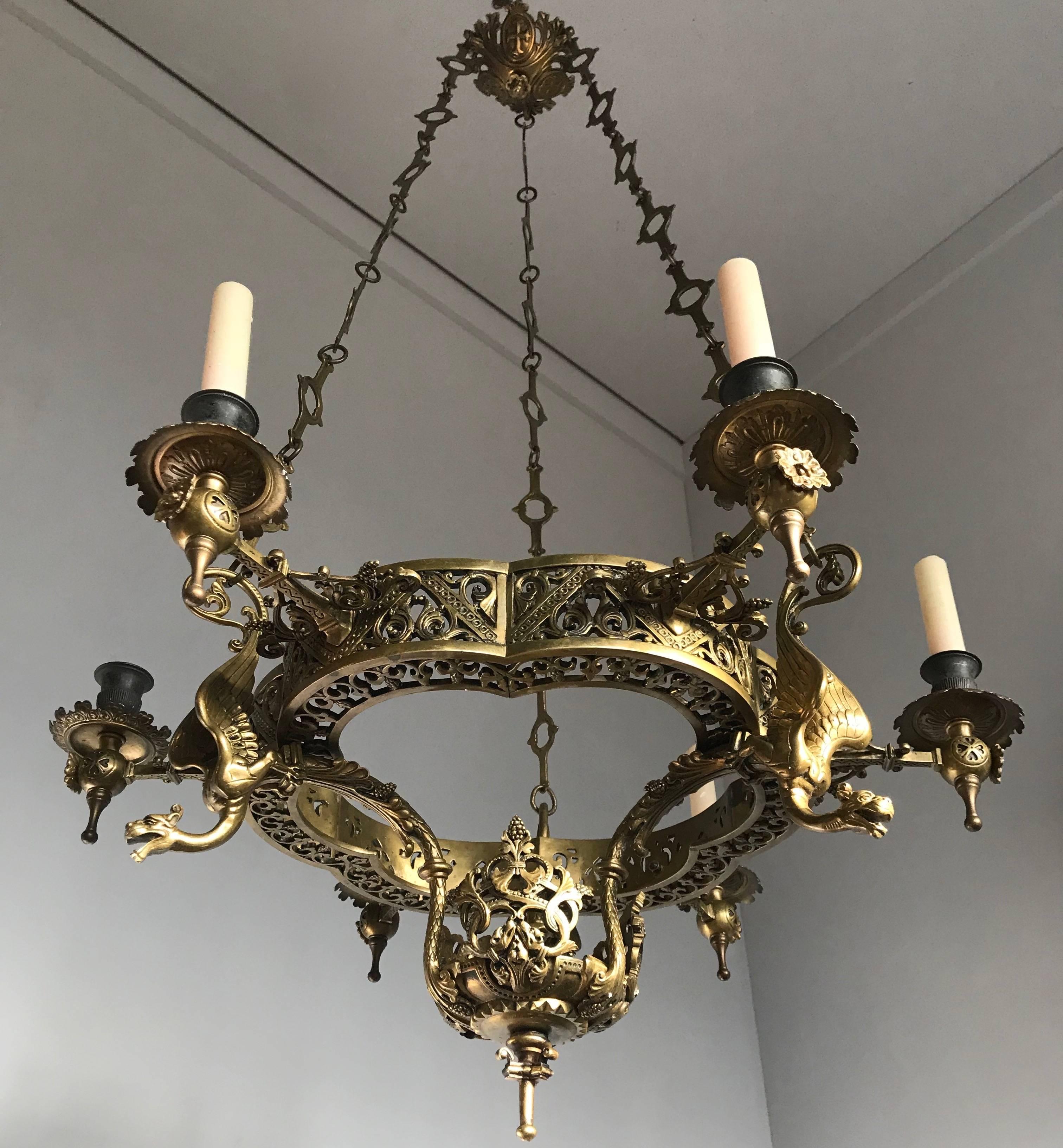Mid 19th Century Hand Crafted Fine Bronze Gothic Art Candle Chandelier / Pendant In Good Condition In Lisse, NL
