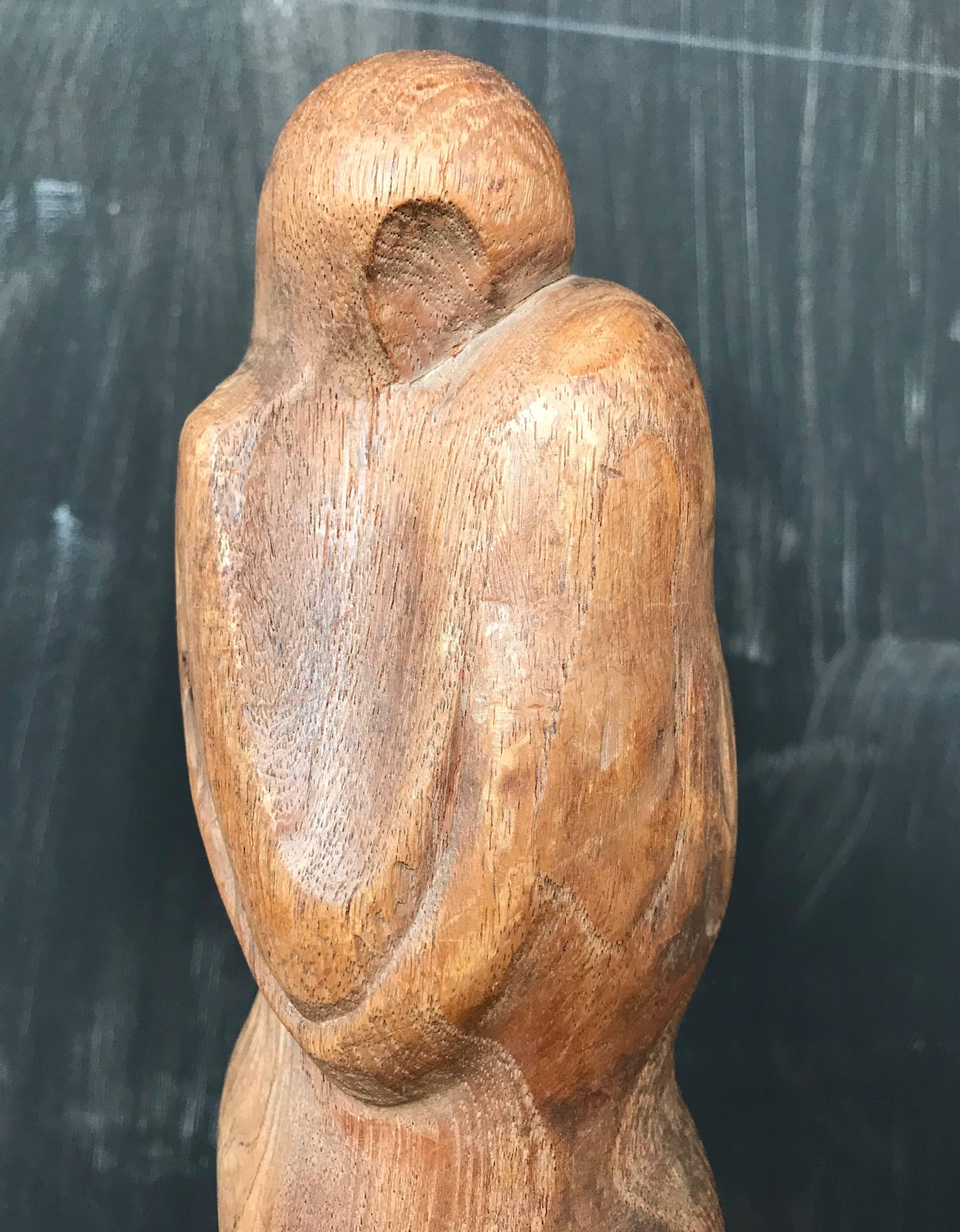 European Rare Early 1900s Stylish & Abstract Hand Carved Teakwood Sculpture, Kissing Pair For Sale