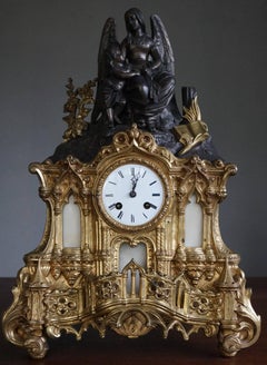 Gilt Bronze Gothic Rev. Heaven & Earth Mantel Clock w. Guardian Angel Sculpture