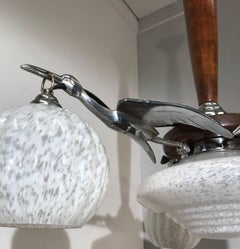 Art Deco Chrome on Bronze Stylized Stork Birds Pendant Light with Glass Shades