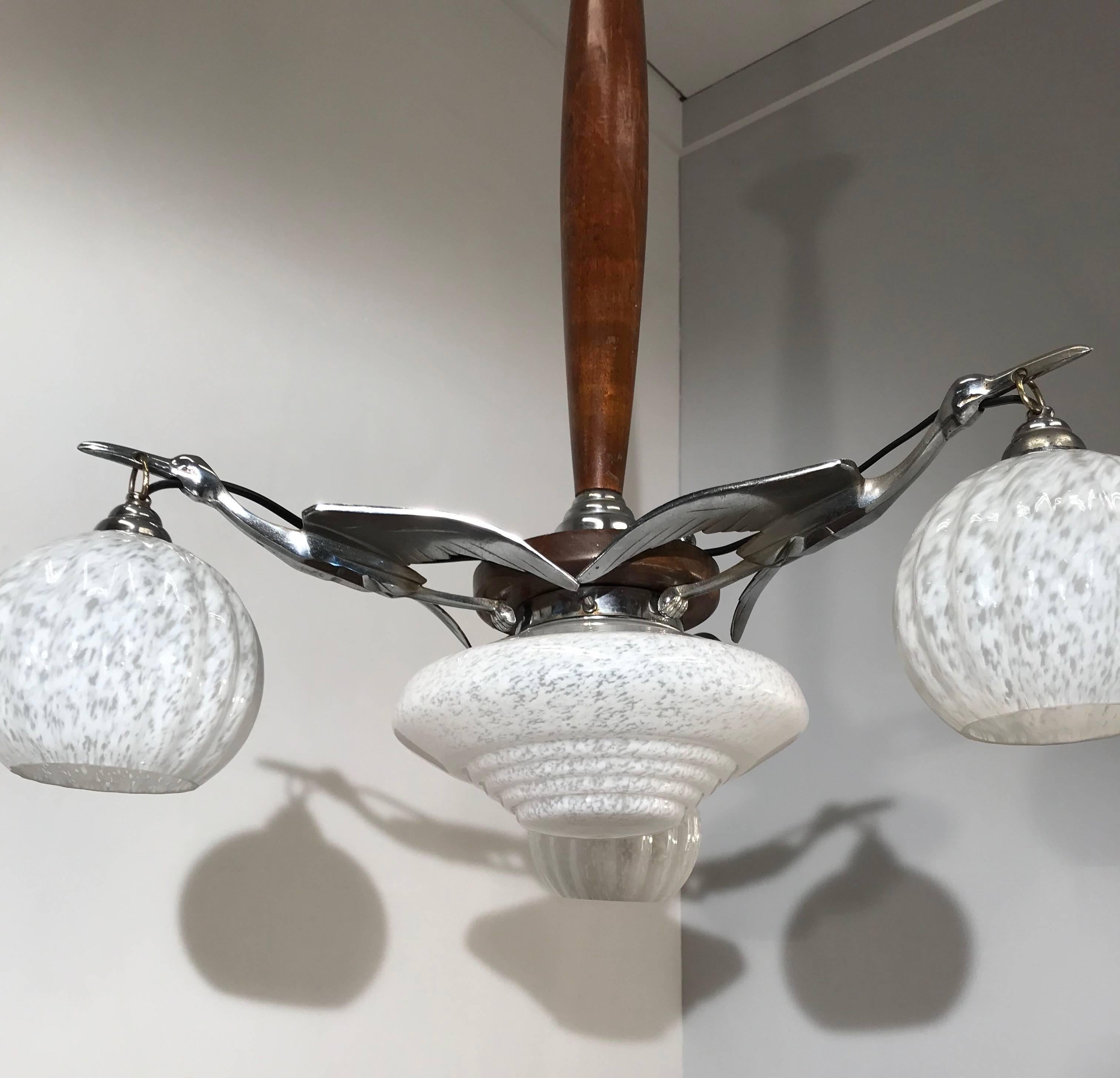 French Art Deco Chrome on Bronze Stylized Stork Birds Pendant Light with Glass Shades For Sale