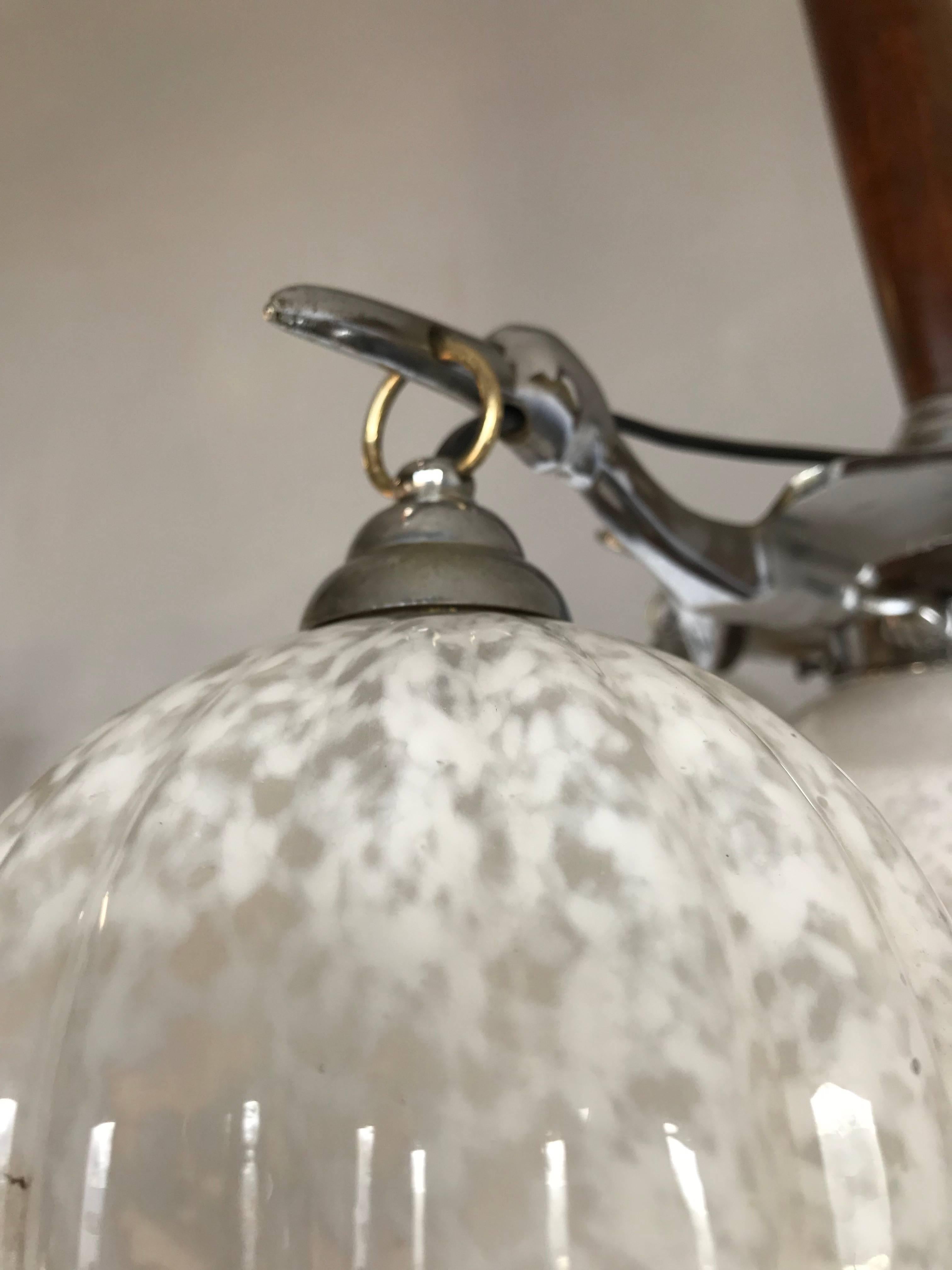 Art Deco Chrome on Bronze Stylized Stork Birds Pendant Light with Glass Shades For Sale 3