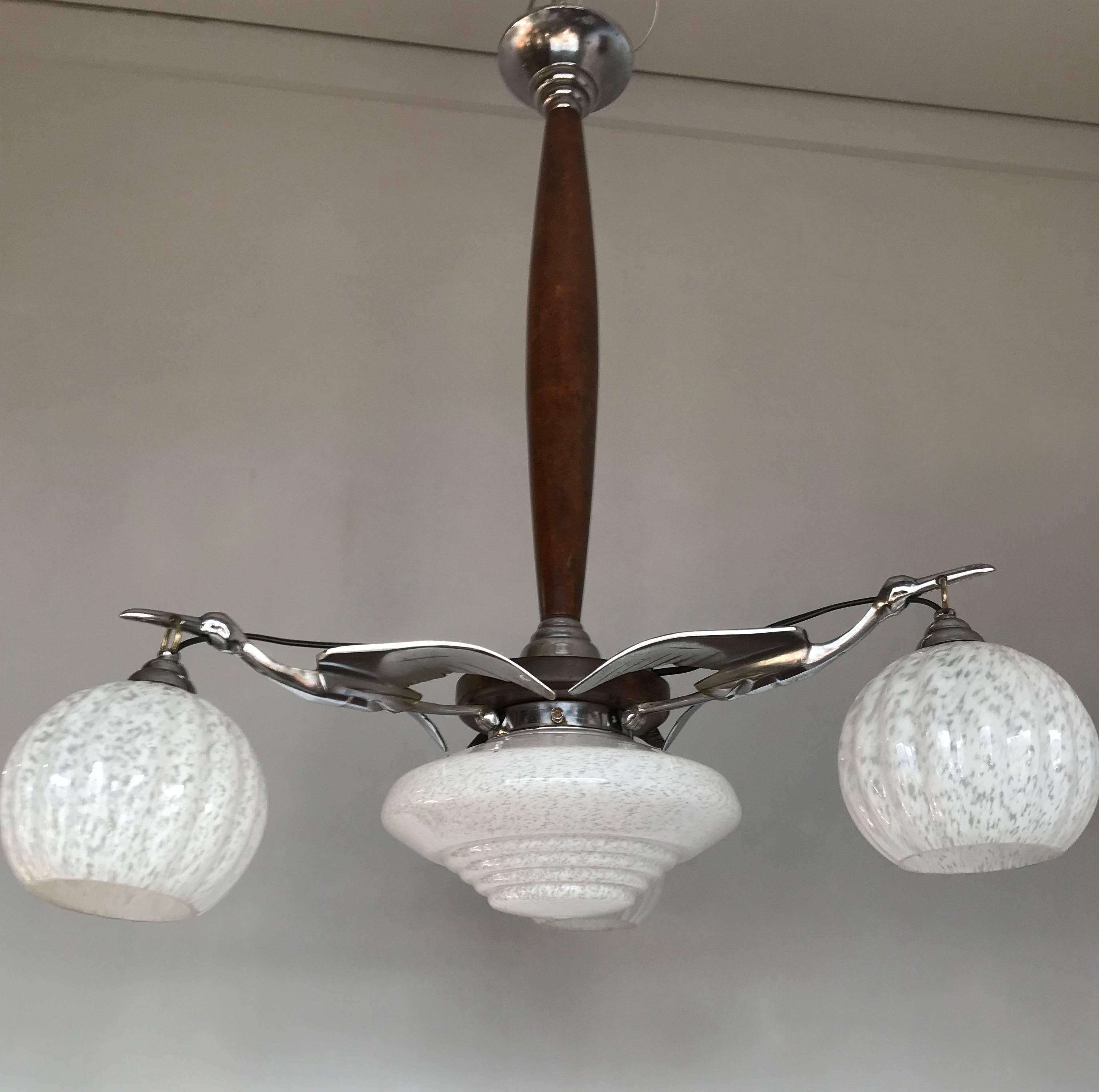 Art Deco Chrome on Bronze Stylized Stork Birds Pendant Light with Glass Shades For Sale 4