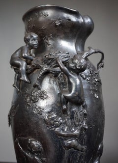 Amazing Workmanship Antique Pewter Vase Cherubs Exploring and Hunting Nature