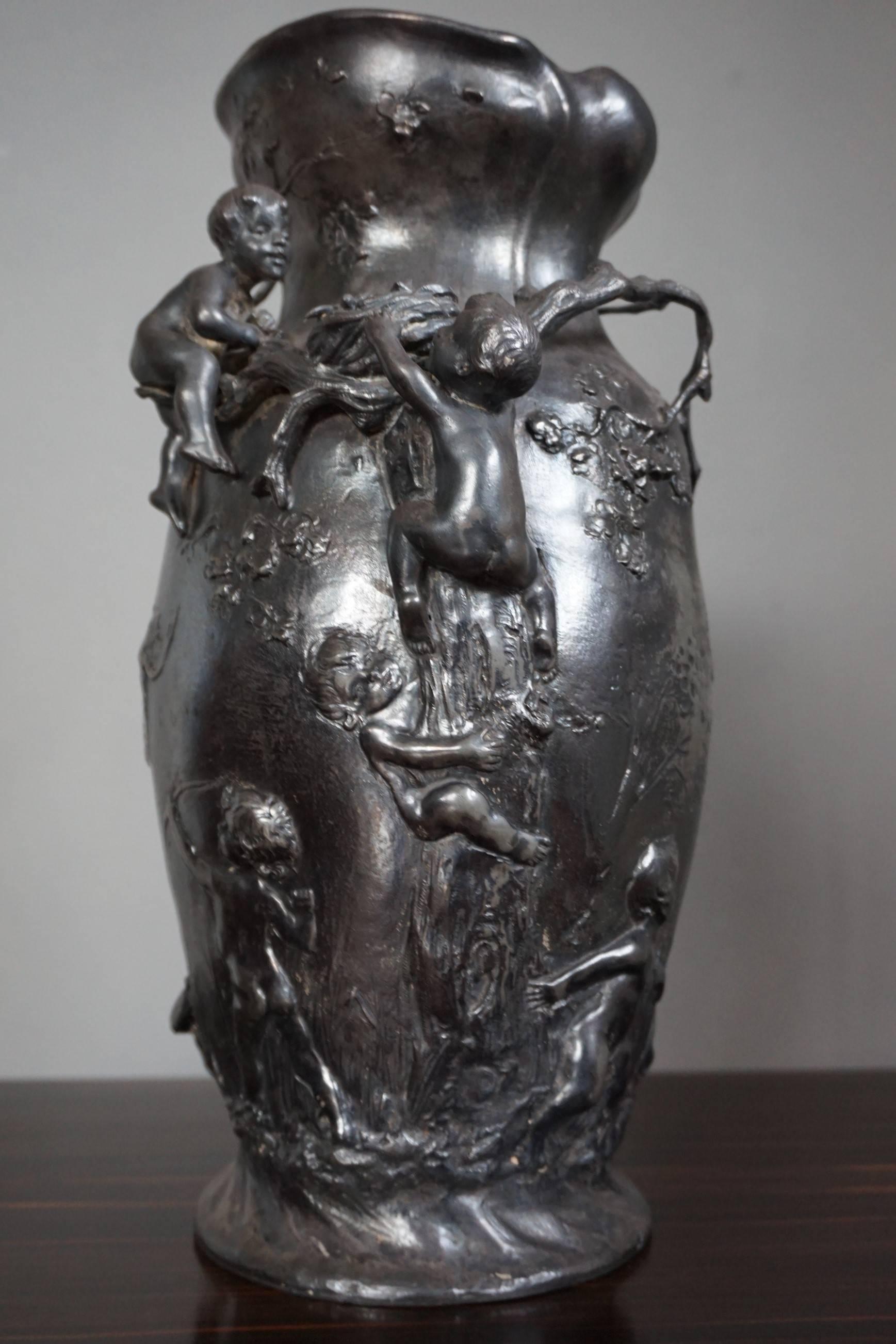 19th Century Amazing Workmanship Antique Pewter Vase Cherubs Exploring and Hunting Nature