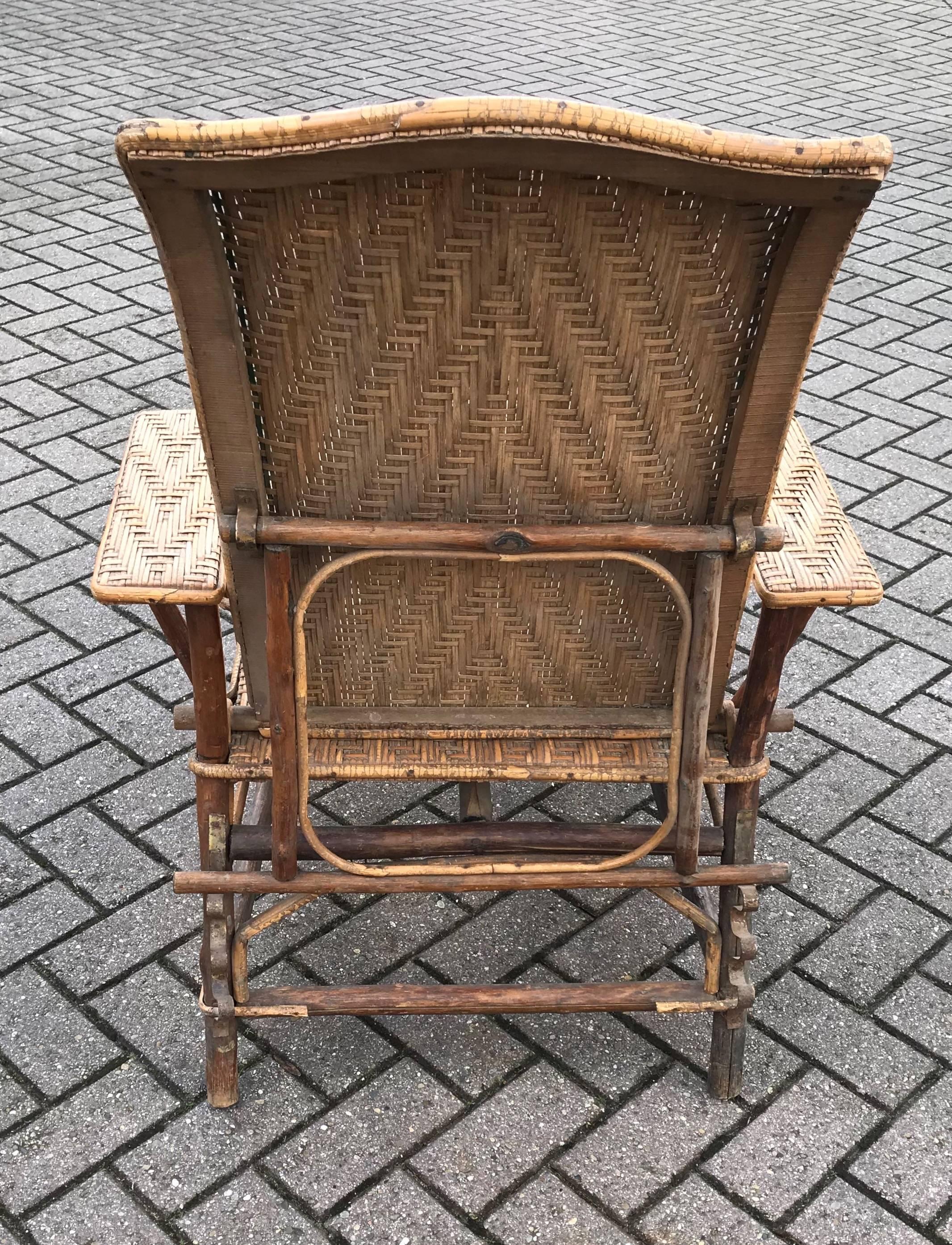 European Antique Rattan and Wood Deck Chair or Lounge Chair